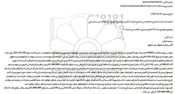 مزایده، مزایده اپارتمان مسکونی یک دانگ از 6 دانگ به پلاک ثبتی 11124