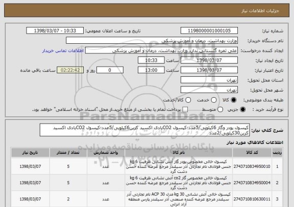 استعلام کپسول پودر وگاز 6کیلویی/5عدد؛کپسول CO2یادی اکسید کربن6کیلویی/5عدد؛کپسول CO2یادی اکسید کربن30کیلویی/2عدد