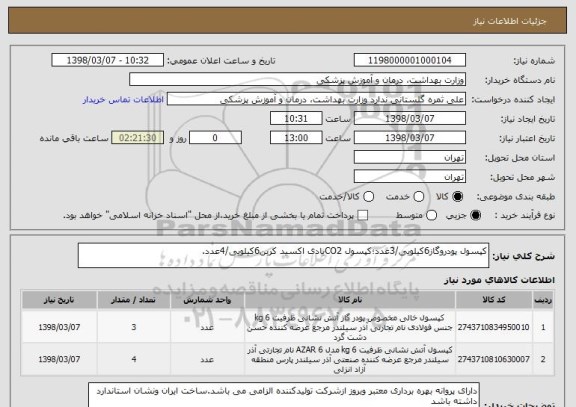 استعلام کپسول پودروگاز6کیلویی/3عدد؛کپسول CO2یادی اکسید کربن6کیلویی/4عدد.
