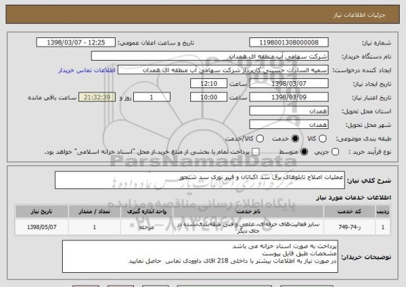 استعلام عملیات اصلاح تابلوهای برق سد اکباتان و فیبر نوری سد شنجور