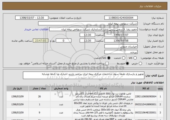 استعلام تجهیز و بازسازی طبقه سوم ساختمان مرکزی بیمه ایران بیرجند بازدید اجباری وبا کدها مشابه 