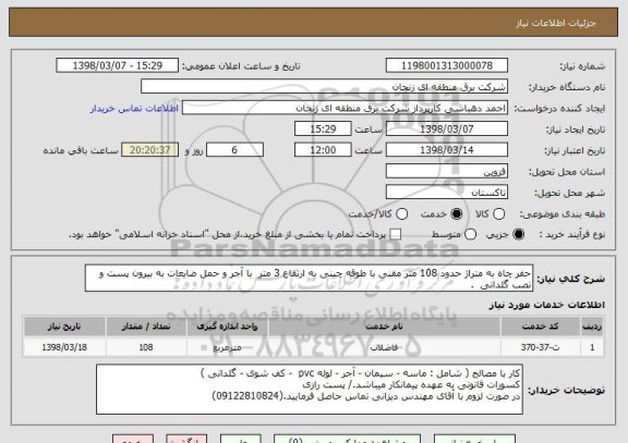 استعلام حفر چاه به متراژ حدود 108 متر مقنی با طوقه چینی به ارتفاع 3 متر  با آجر و حمل ضایعات به بیرون پست و نصب گلدانی  .   
