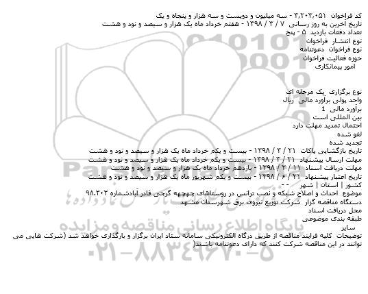 مناقصه احداث و اصلاح شبکه و نصب ترانس