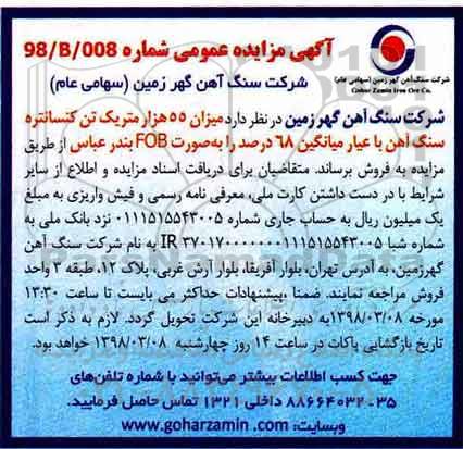 مزایده, مزایده میزان 55 هزار متریک تن کنسانتره  سنگ آهن