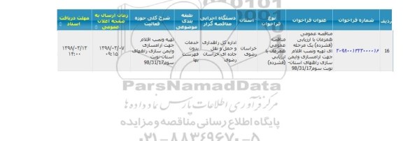مناقصه, مناقصه تهیه و نصب اقلام جهت آرم سازی و ایمن سازی راه های 
