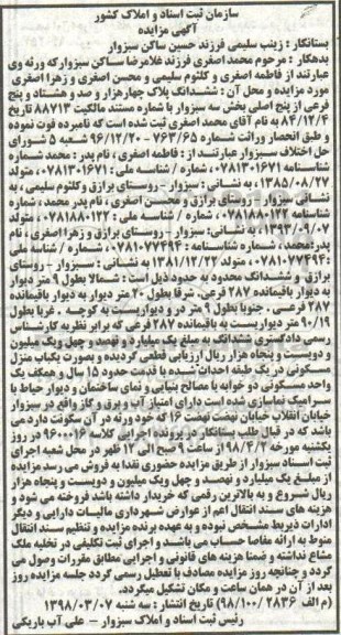 مزایده مزایده ششدانگ یکباب منزل مسکونی