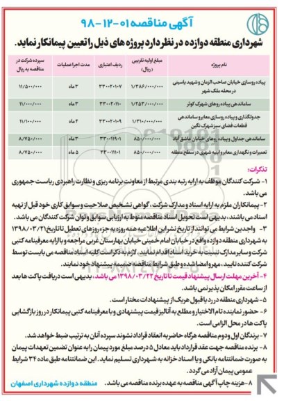 مناقصه ، مناقصه پیاده رو سازی خیابان صاحب الزمان و  .... 