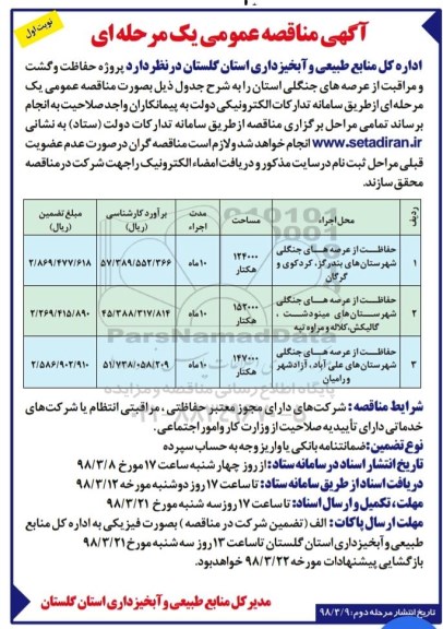 مناقصه حفاظت و گشت و مراقبت از طرح های جنگلداری
