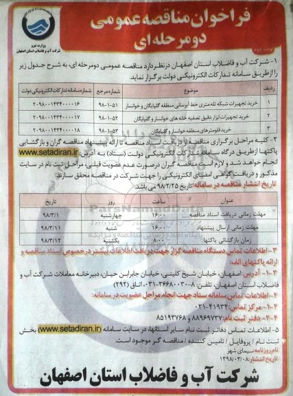 مناقصه خرید تجهیزات شبکه تله متری خط آبرسانی ....  نوبت دوم 