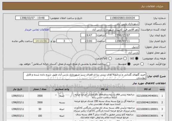 استعلام خرید گلهای گلدانی و درختچه های زینتی برا ی فضای سبز شهرداری پارس آباد طبق شرح داده شده و فایل پیوستی