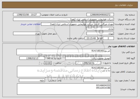 استعلام تایر پژو 185/65/R14