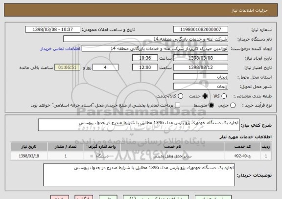 استعلام اجاره یک دستگاه خودوری پژو پارس مدل 1396 مطابق با شرایط مندرج در جدول پیوستی