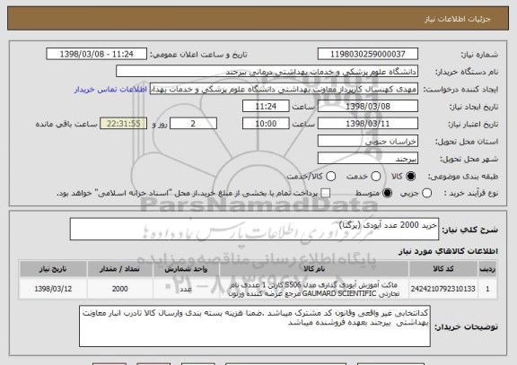 استعلام خرید 2000 عدد آیودی (پرگنا)