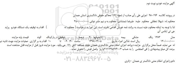 مزایده، مزایده یک دستگاه خودرو پرايد جی تی ايكس آی مدل 1383 -نوبت دوم