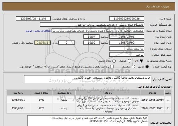 استعلام خرید دستمال توالت دوقلو 80شل دوقلو و دستمال رومیزی 30کارتن