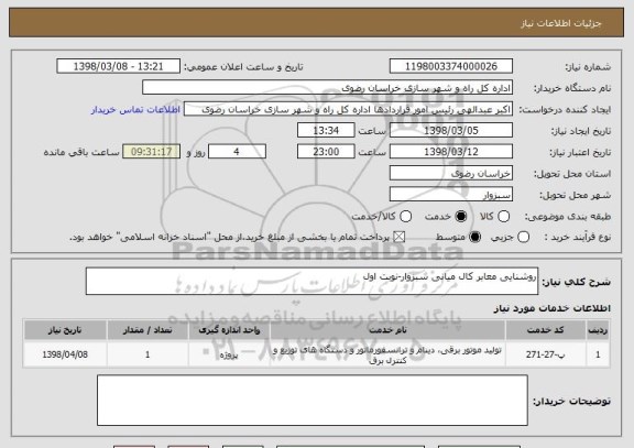 استعلام روشنایی معابر کال میانی سبزوار-نوبت اول