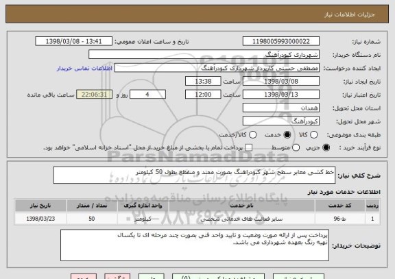 استعلام خط کشی معابر سطح شهر کبودراهنگ بصورت ممتد و منقطع بطول 50 کیلومتر
