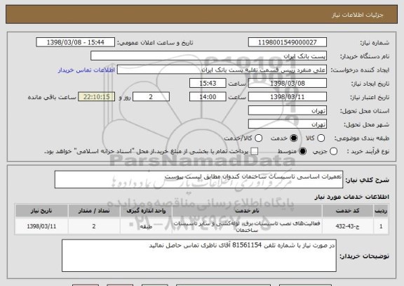 استعلام تعمیرات اساسی تاسیسات ساختمان کندوان مطابق لیست پیوست