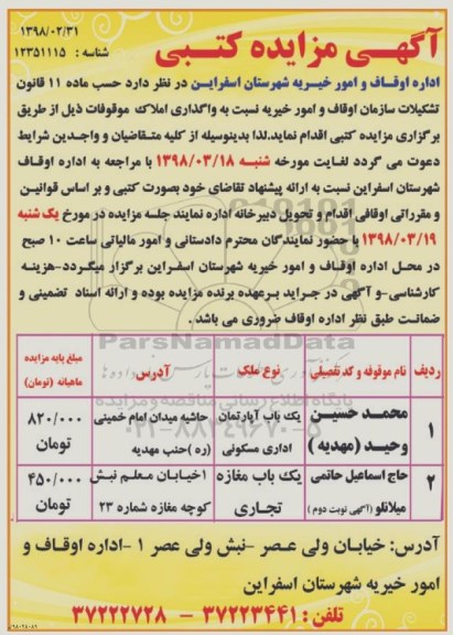 اگهی مزایده , مزایده واگذاری املاک 