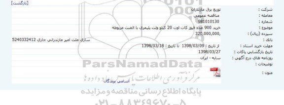 مناقصه,مناقصه خرید 900 عدد فیوز کات اوت