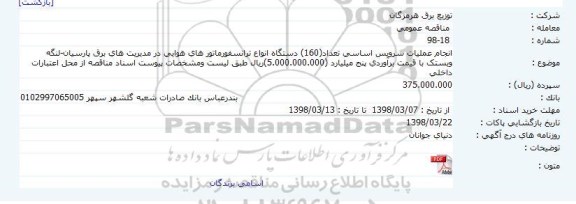 آگهی مناقصه عمومی, مناقصه واگذاری عملیات سرویس اساسی ترانسفورماتورهای هوایی 