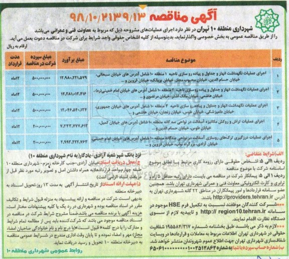 مناقصه , مناقصه اجرای عملیات نگهداشت انهار و جداول و پیاده روسازی....