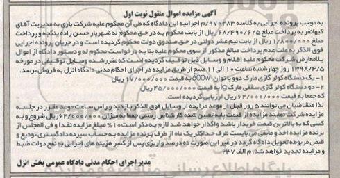 مزایده , مزایده یک دستگاه کولر گازی سقفی و...