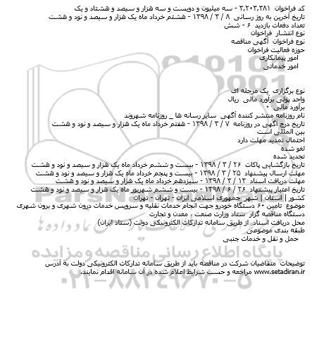 مناقصه تامین 60 دستگاه خودرو