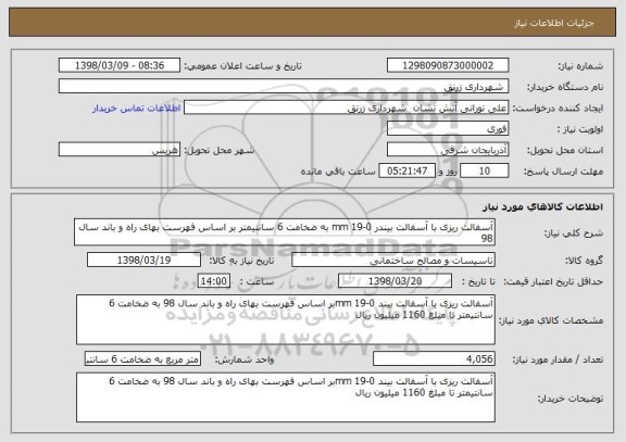 استعلام آسفالت ریزی با آسفالت بیندر 0-19 mm به ضخامت 6 سانتیمتر بر اساس فهرست بهای راه و باند سال 98