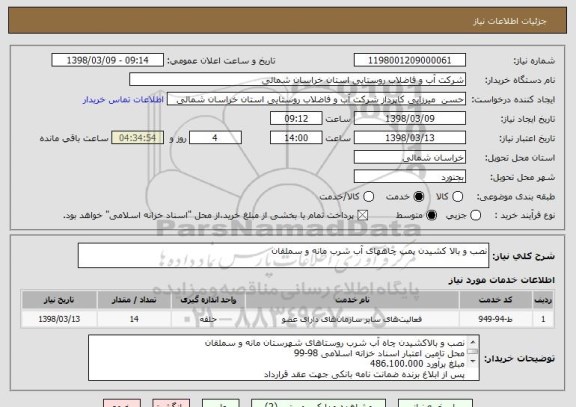استعلام نصب و بالا کشیدن پمپ چاههای آب شرب مانه و سملقان 
