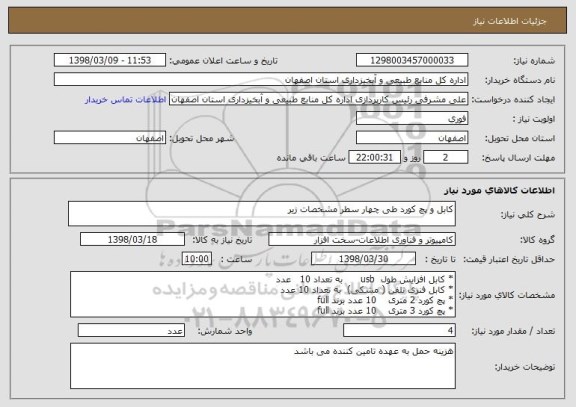 استعلام کابل و پچ کورد طی چهار سطر مشخصات زیر