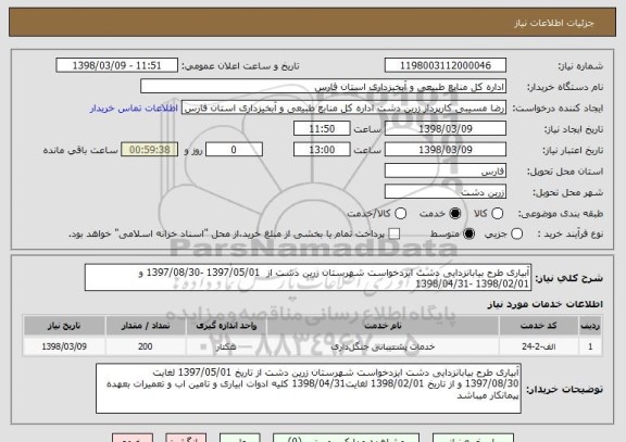 استعلام آبیاری طرح بیابانزدایی دشت ایزدخواست شهرستان زرین دشت از  1397/05/01 -1397/08/30 و 1398/02/01 -1398/04/31 