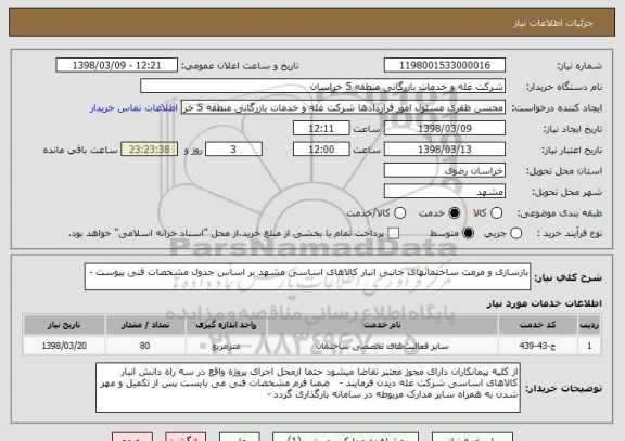 استعلام بازسازی و مرمت ساختمانهای جانبی انبار کالاهای اساسی مشهد بر اساس جدول مشخصات فنی پیوست - 