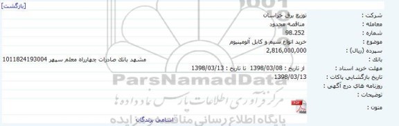 مناقصه خرید انواع سیم و کابل آلومینیوم 
