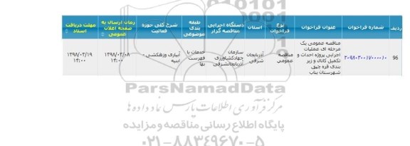 مناقصه عمومی یک مرحله ای عملیات اجرایی پروژه احداث و تکمیل کانال