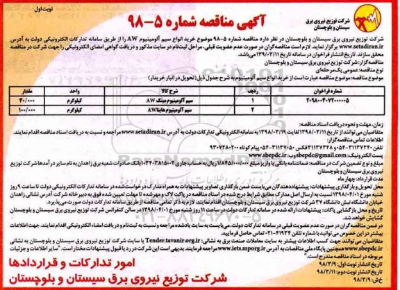 آگهی مناقصه,مناقصه  خرید انواع سیم آلومینیوم AW 