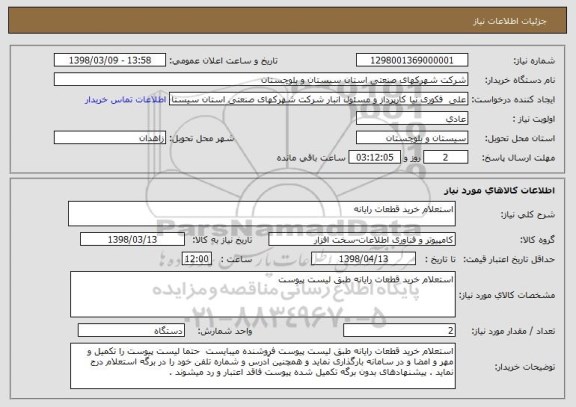 استعلام استعلام خرید قطعات رایانه
