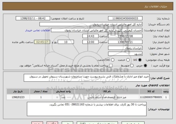 استعلام خرید انواع میز اداری با مشخصات فنی بشرح پیوست جهت ساختمان شهرستان سبزوار. تحویل در سبزوار.