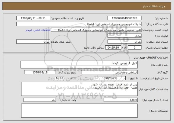 استعلام کابل  4  زوجی  کرمان  