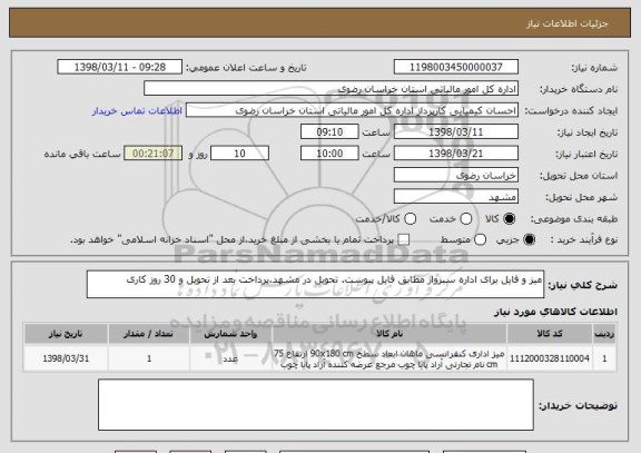 استعلام میز و فایل برای اداره سبزوار مطابق فایل پیوست. تحویل در مشهد.پرداخت بعد از تحویل و 30 روز کاری