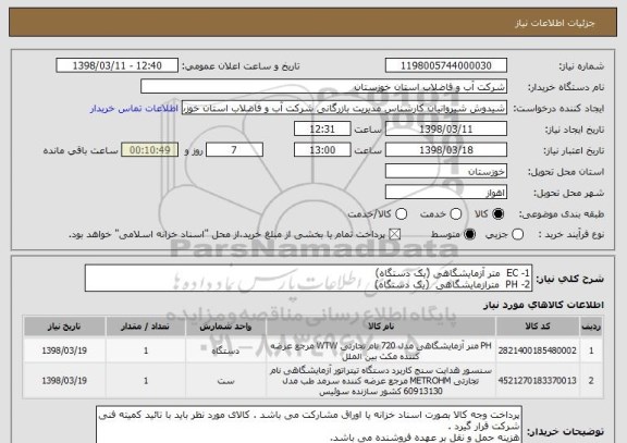 استعلام 1- EC  متر آزمایشگاهی (یک دستگاه)
2- PH  مترازمایشگاهی  (یک دستگاه)