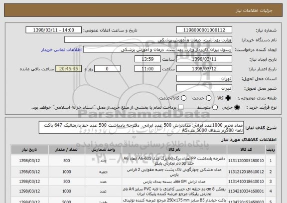استعلام مداد تحریر 1000عدد ایرانی مدادتراش 500 عدد ایرانی  دفترچه یادداشت 500 عدد خط دارمتالیک 647 پاکت نامه 80گرم شفاف 5000 عددA5