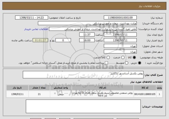 استعلام روغن بکسل آسانسور /21لیتر
