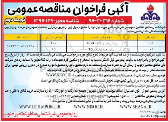 فراخوان مناقصه عمومی، مناقصه عمومی روغن هیدرولیک و...نوبت دوم