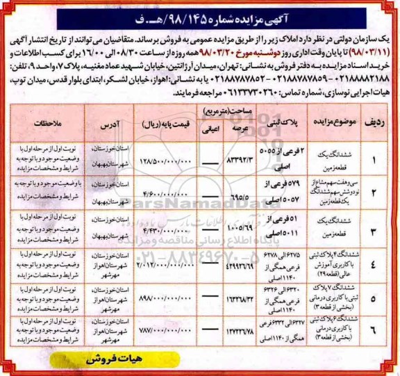 مزایده،مزایده فروش املاک 2 فرعی از 5055 اصلی