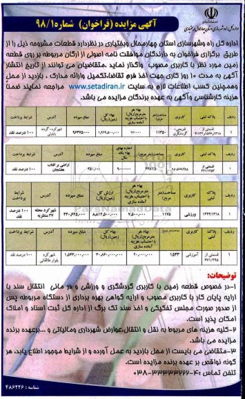 مزایده, مزایده واگذاری قطعات زمین با کاربری های تفریحی- گردشگری و ...