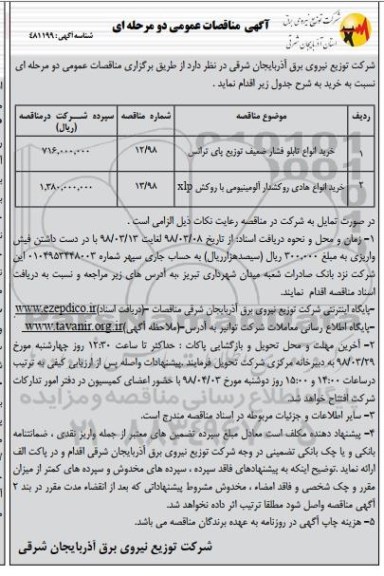 آگهی مناقصات عمومی , مناقصه خرید انواع تابلو فشار ضعیف توزیع پای ترانس ....