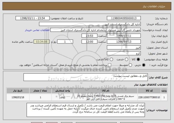 استعلام کابل و...مطابق لیست پیوست