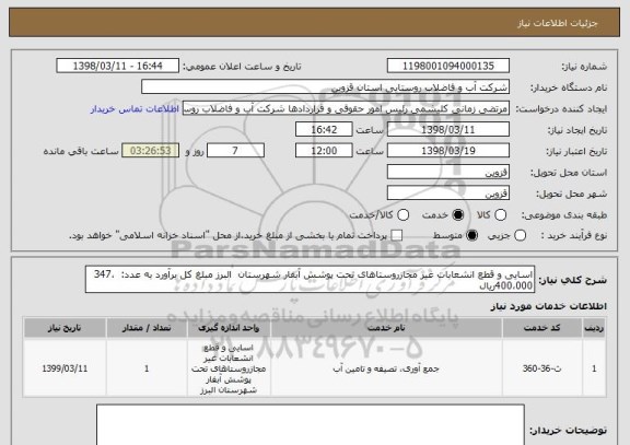 استعلام اسایی و قطع انشعابات غیر مجازروستاهای تحت پوشش آبفار شهرستان  البرز مبلغ کل برآورد به عدد:  347،400،000ریال