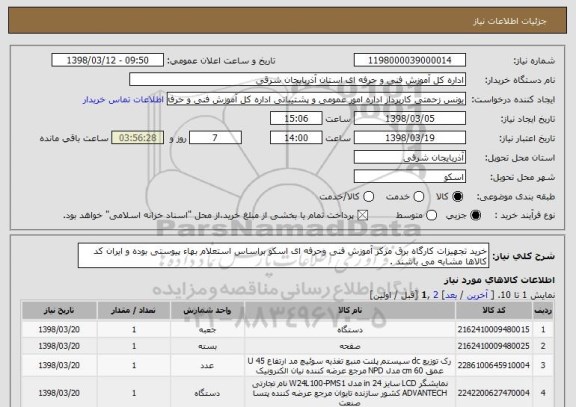 استعلام خرید تجهیزات کارگاه برق مرکز آموزش فنی وحرفه ای اسکو براساس استعلام بهاء پیوستی بوده و ایران کد کالاها مشابه می باشند .